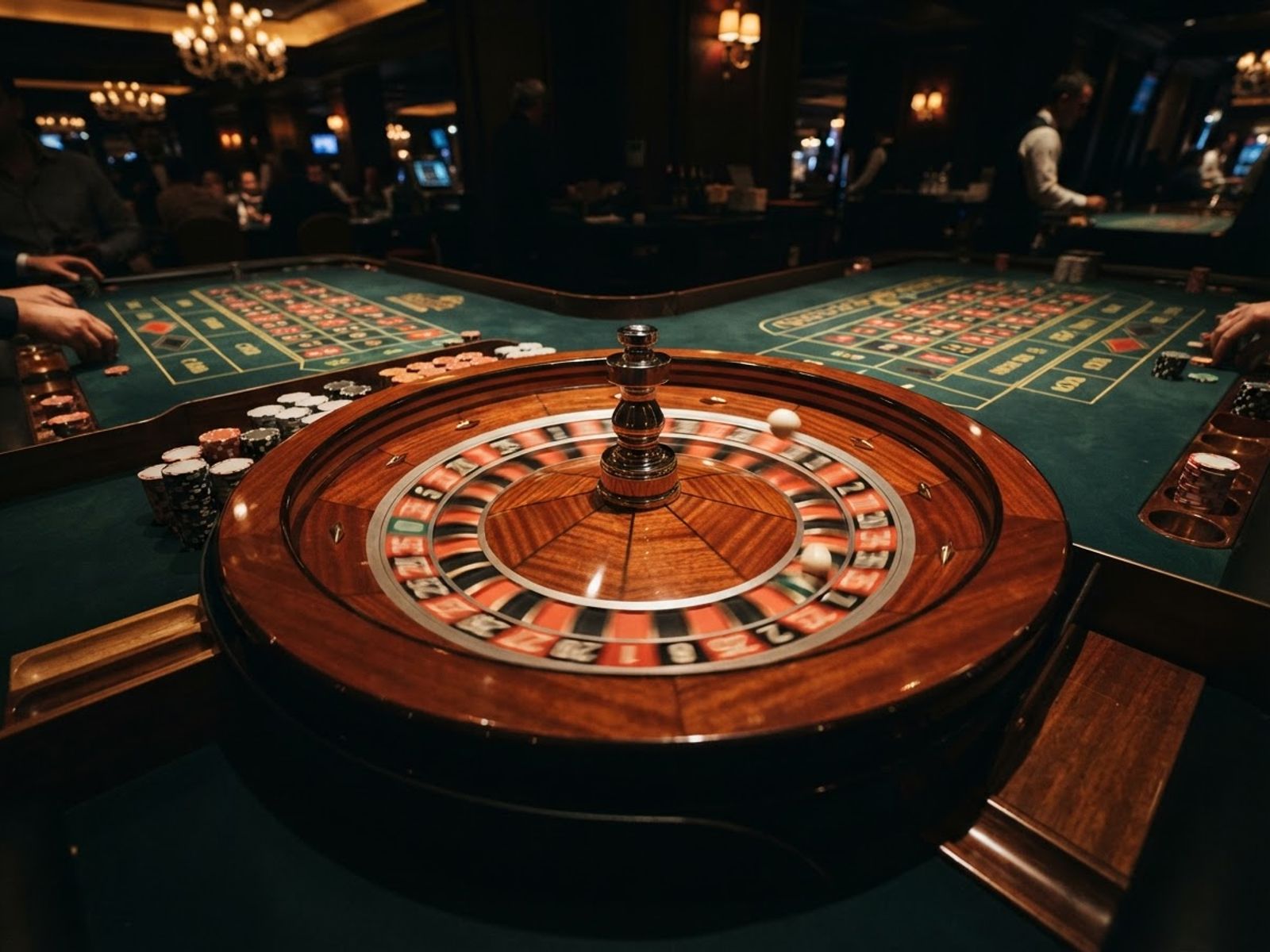 Live roulette wheel spinning on casino table