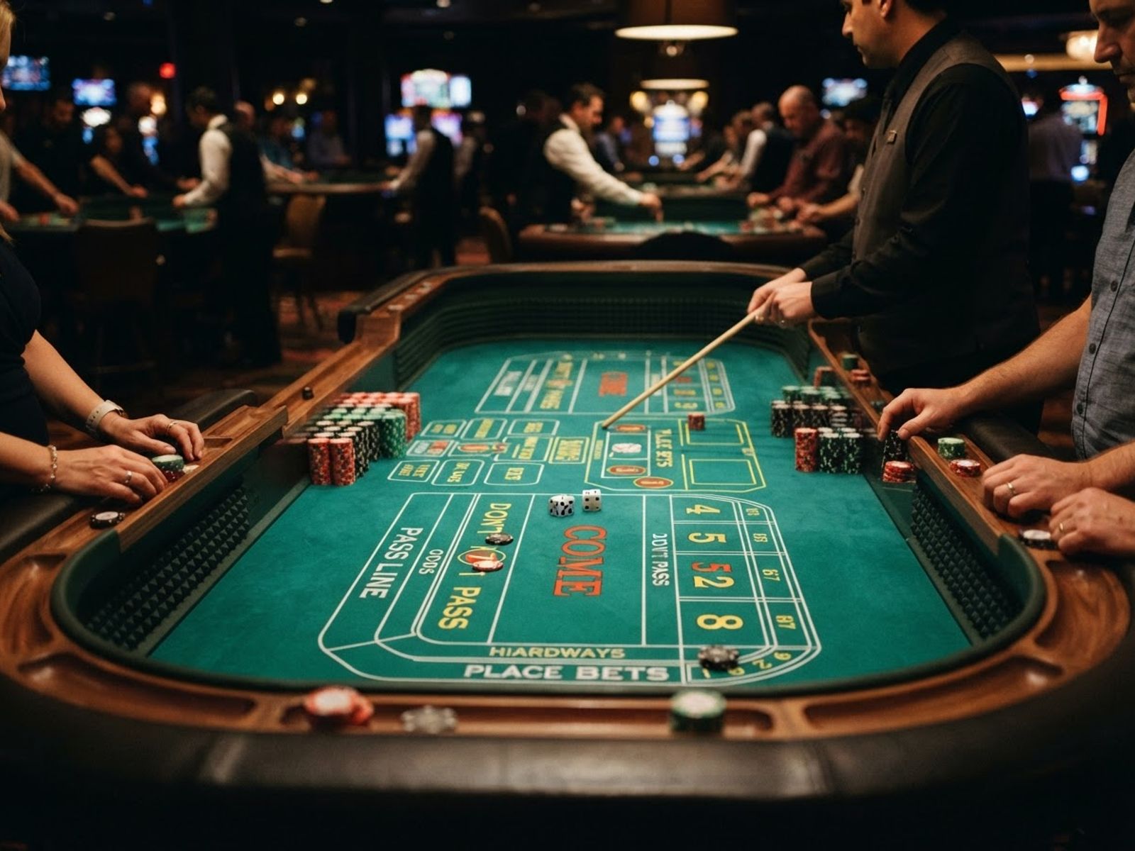 Live craps table with dice on green felt