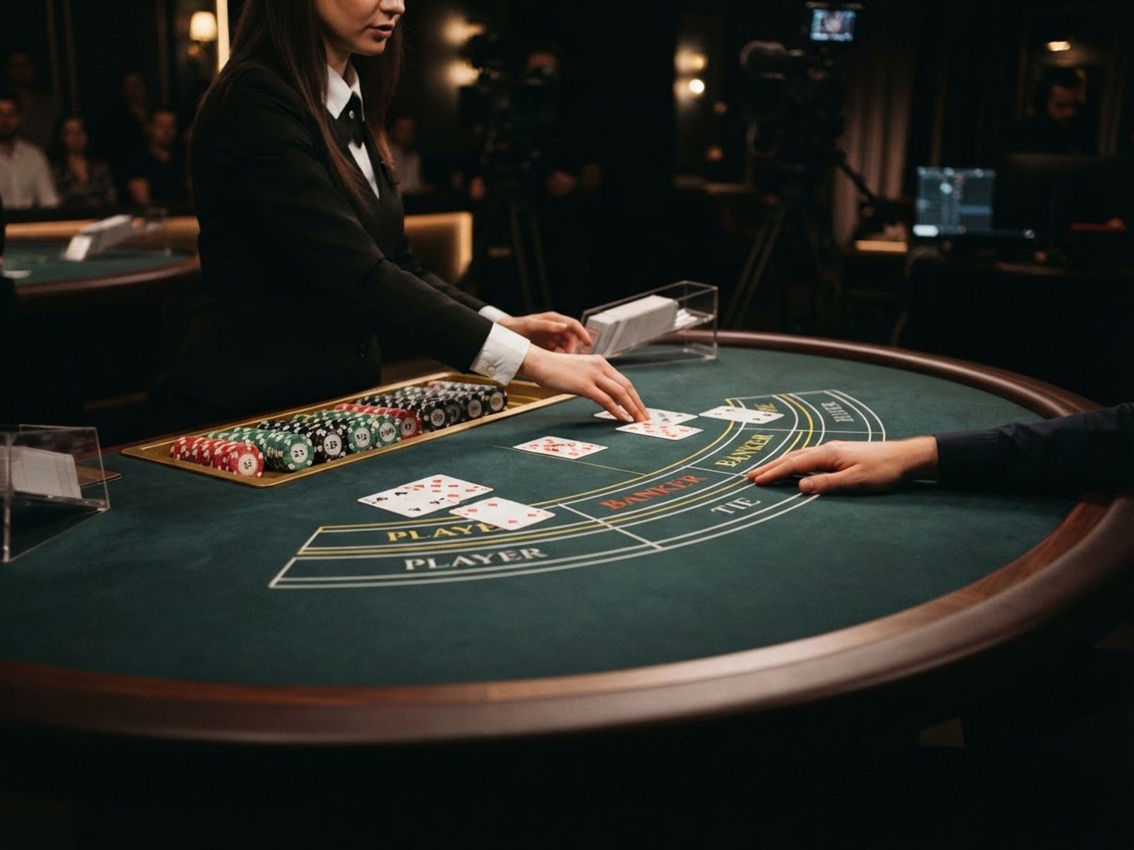 Live baccarat table with cards and chips
