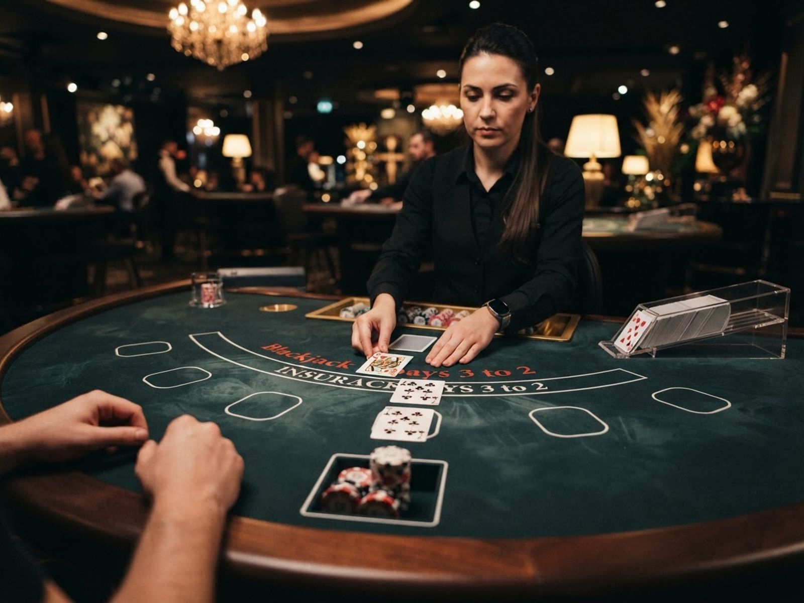 Live blackjack table with cards on green felt