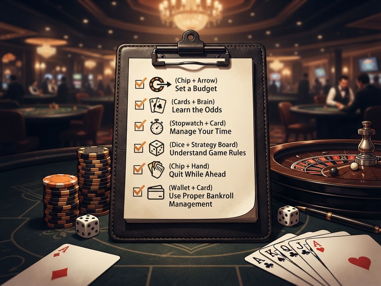 Casino gaming tips checklist with dice and cards